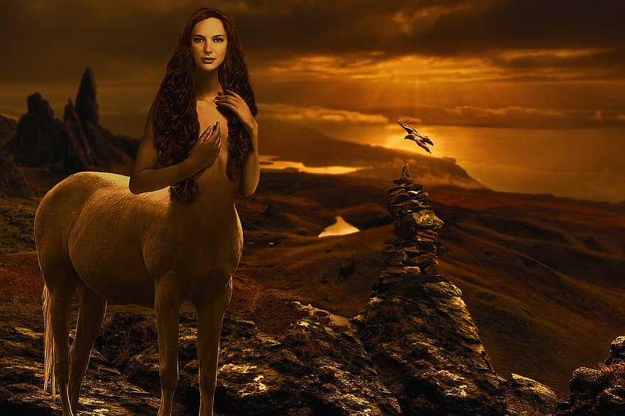 fantasia, centaure, cavall, dona, mitologia, místic, criatura, llegenda, femella, posta de sol, illa de skye