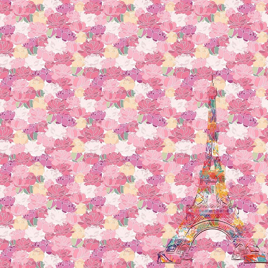 Parijs digitaal papier, Frans, Parijs, antiek, waterverf, Frankrijk, oud, wijnoogst, Eiffeltoren, bloemen, retro
