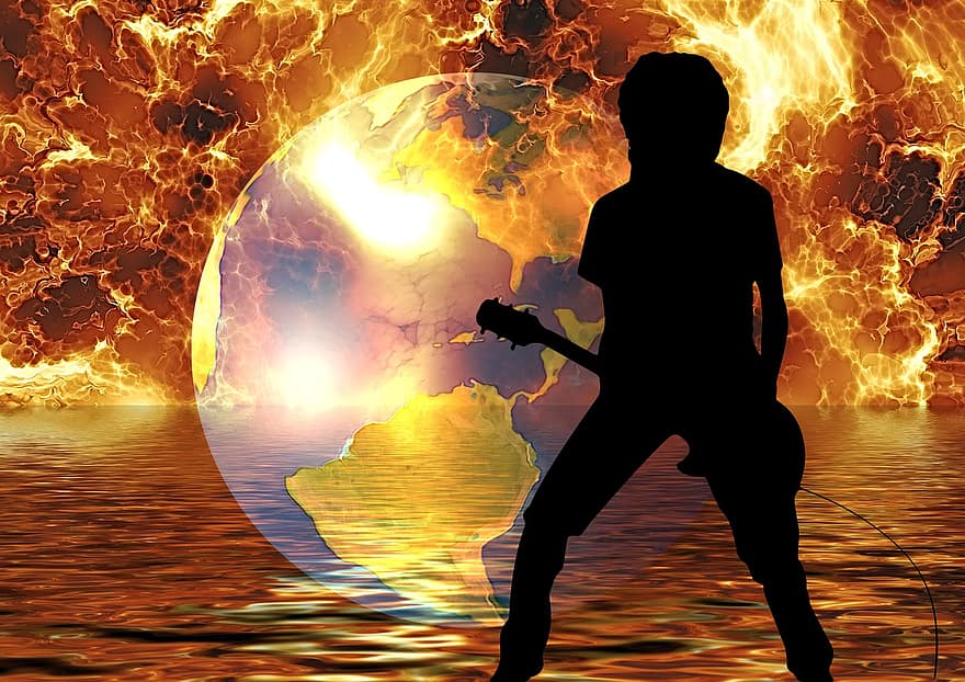 terra, globo, agua, fogo, chama, violão, guitarrista, música, marca, onda, mar