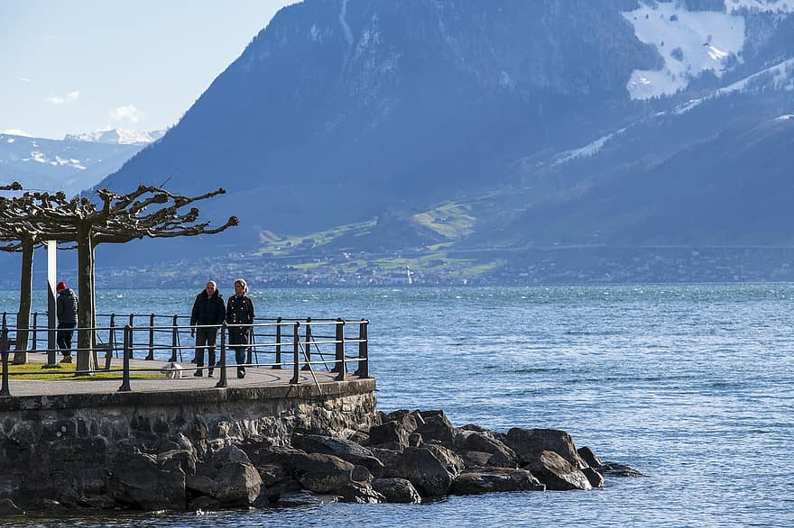 Швейцария, Brunnen, февруари, зима, хора, вода, планина, Дами, почивки, пътуване, лято