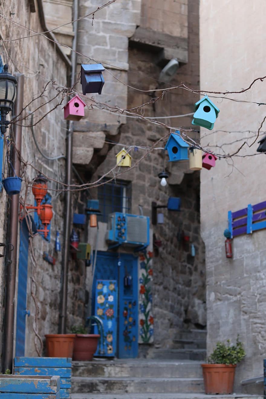 madárház, utcai dekoráció, kézzel készített, dekoráció, Mardin, Törökország, kultúrák, építészet, faipari, kereszténység, többszínű