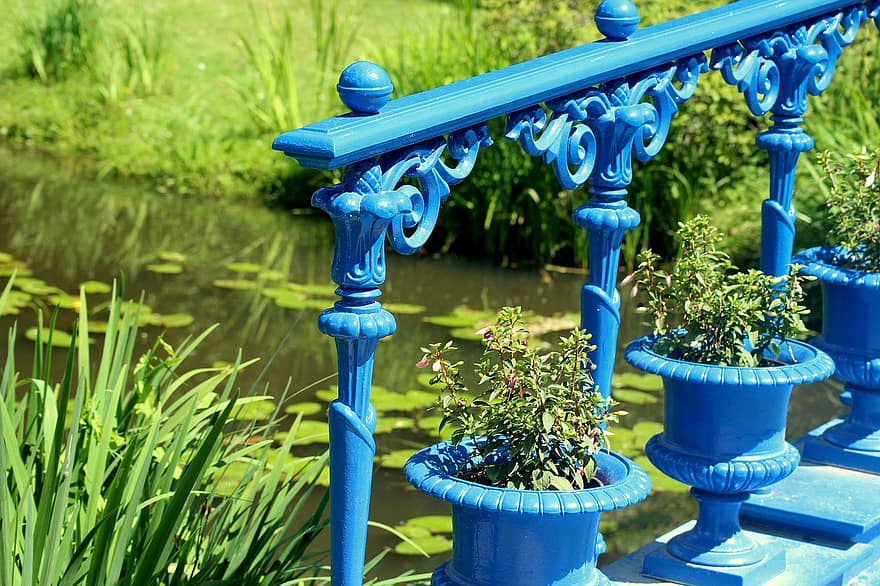 ledstång, räcke, bro, dekorativ, blå, vatten, gångbro, sommar