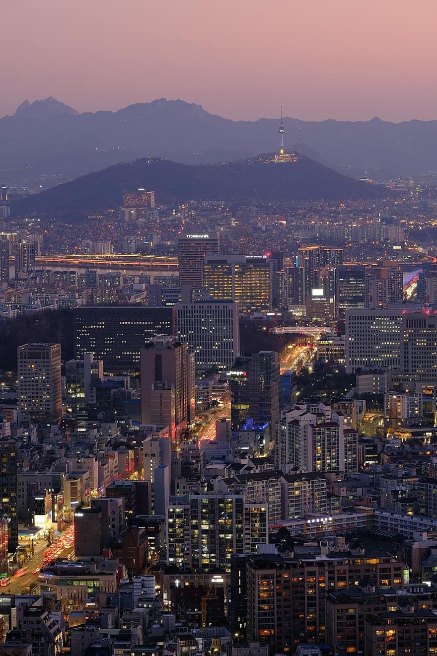 oraș, Seul, amurg, apus de soare, peisaj, han râu, Yeouido, seară, noapte, Coreea de Sud, Republica Coreea