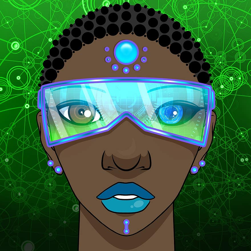 mulher, menina, óculos, face, cyber, afro, Afro-Americano, africano, fêmea, tecnologia, scifi