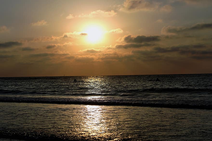sehen, Sonnenuntergang, Himmel, Strand, Ozean, Wolken, Sonne, Reflexion, romantisch, Natur, Wasser