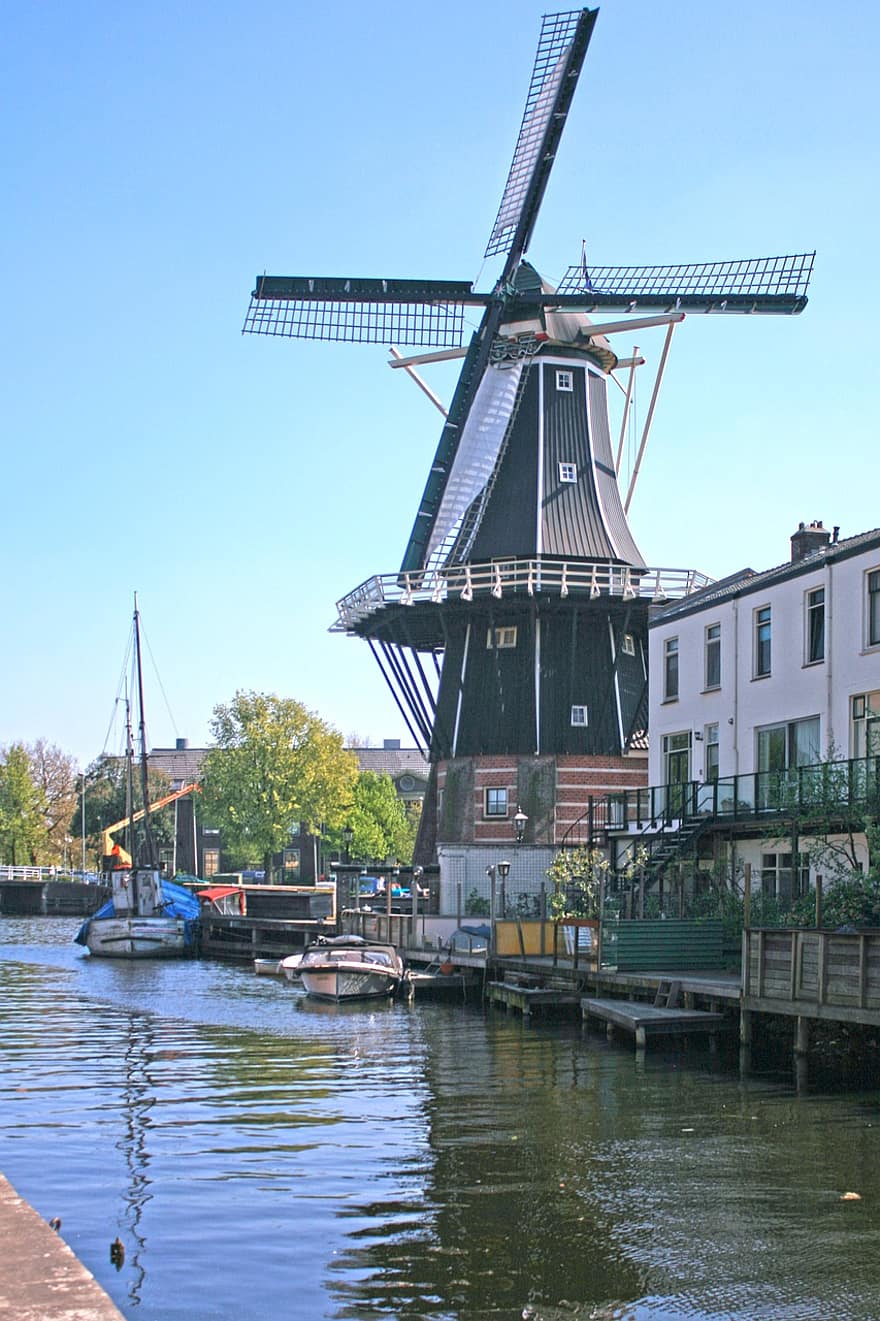 szélturbina, utazás, idegenforgalom, erő, Haarlem, víz, csónak, híres hely, hajó, kultúrák, építészet