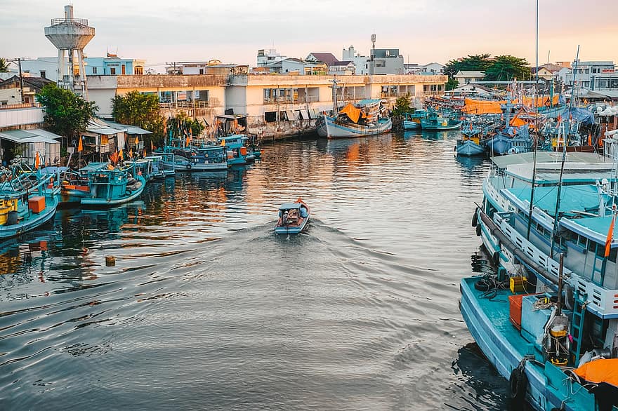 łodzie, rzeka, Wieś, Wietnam