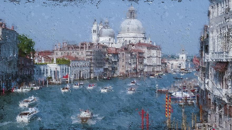 Venetië, stad, Italië, koepel, groot kanaal, buitenshuis, oud, kerk, boot, reizen, bestemming