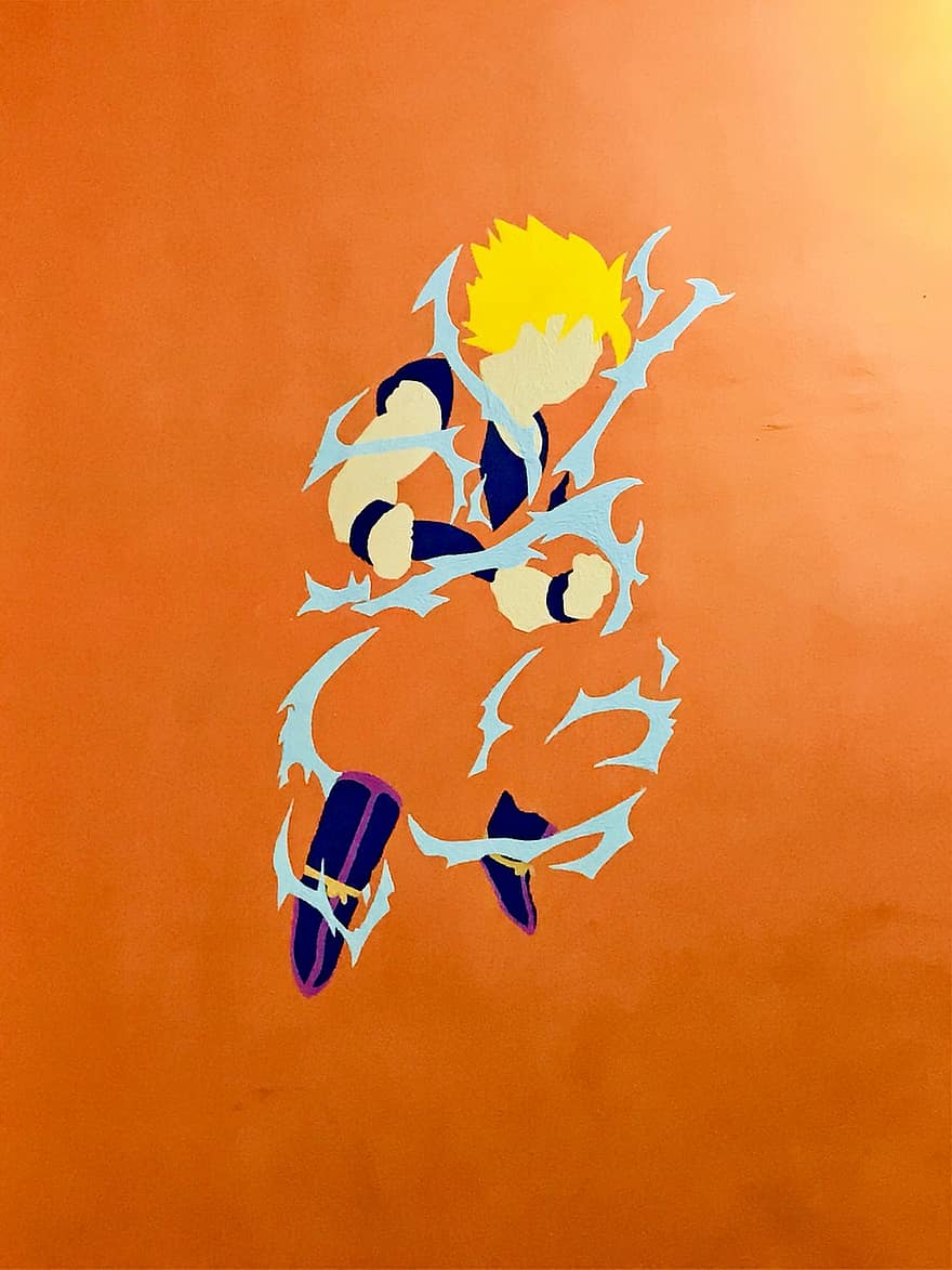 parede, pintura, desenhar, Goku, bola de dragão z, artista, criativo, colorida, textura, parede laranja, Pintura Laranja