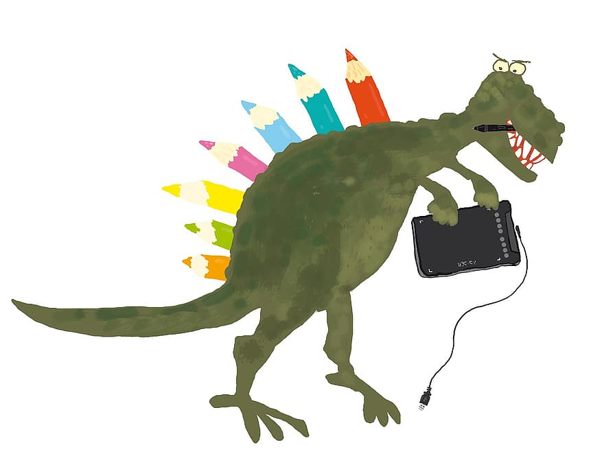 dinozaur, tablet, artysta, urządzenie, kolorowe kredki, ołówki, Tablet do rysowania graficznego, rysunek, rzemiosło