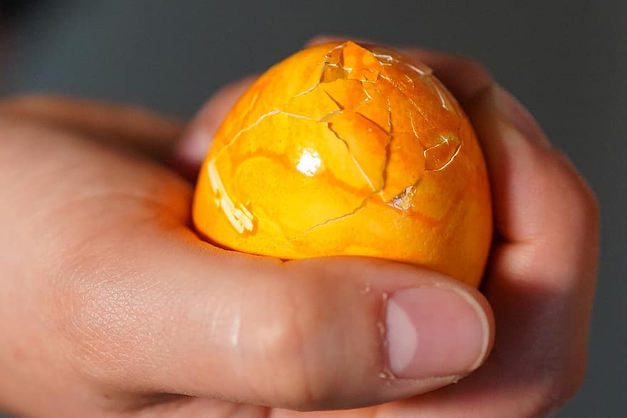 Egg, Easter, Hand, Orange Egg, Cracked, Hard Boiled, close-up, human hand, food, fruit, freshness