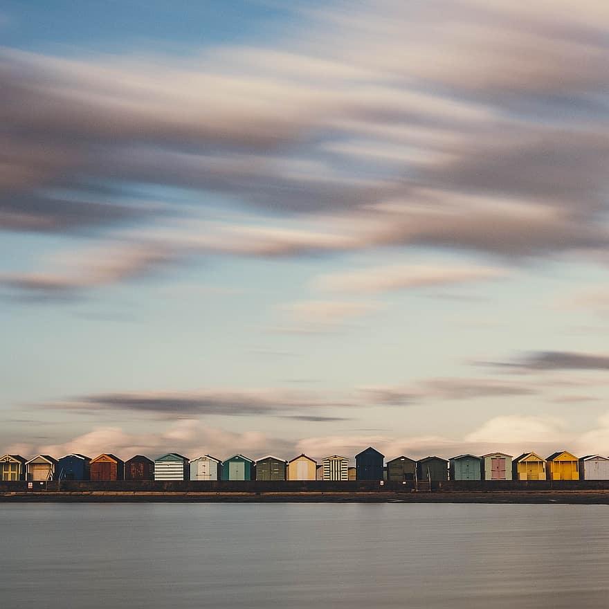 casas, de praia, costa, oceano, mar, nuvens, céu, vista do mar, Inglaterra