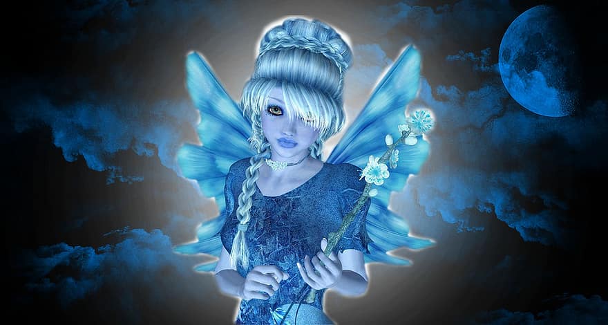 Background, Moon, Blue, Sky Angel, Fantasy, Pixie, Female, Character, Digital Art