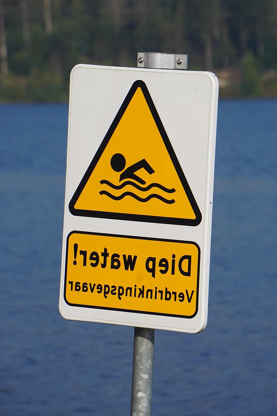 sjö, djupt vatten, varningsskylt