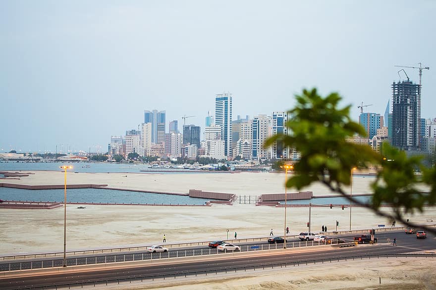 bygninger, skyskrapere, skyline, shore, Strand, by, arkitektur, bahrain, land, Manama, vei