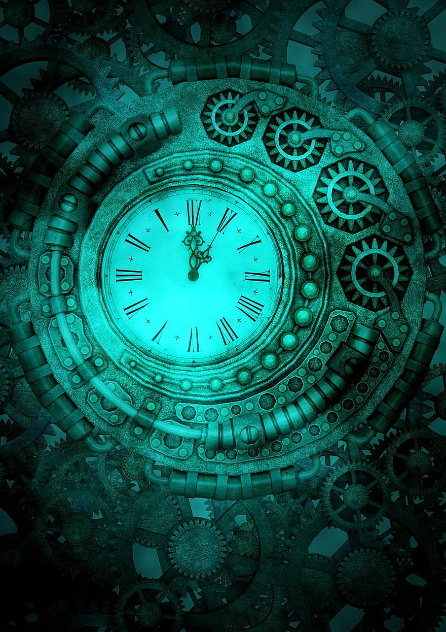 Steampunk, reloj, engranajes, fondo, fantasía, hora, metal, oxidado, máquina, gótico, cubrir