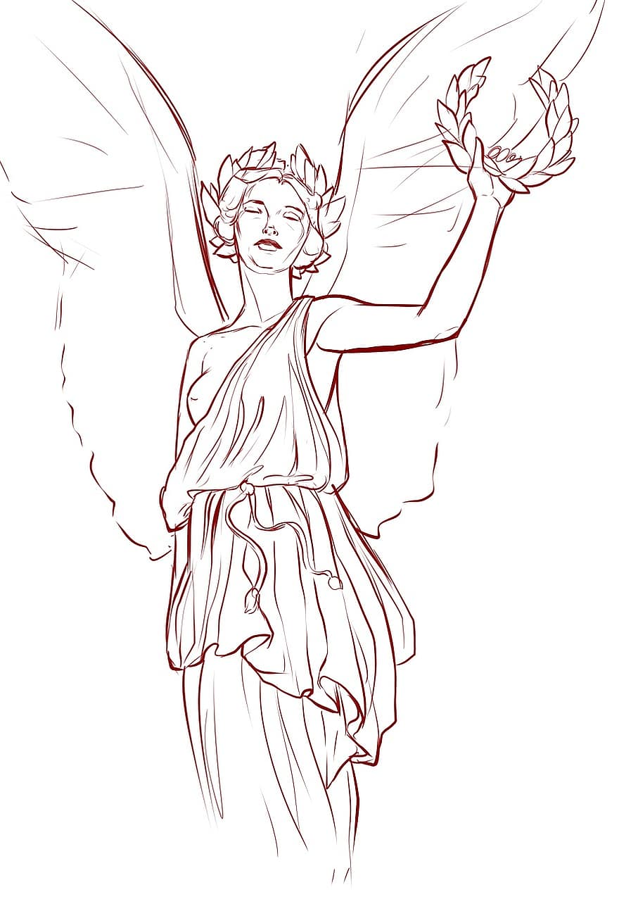 ангел, крила, грецька, статуя, малювання, контур, Лінія-арт, самка, гарний, крила ангела, релігія
