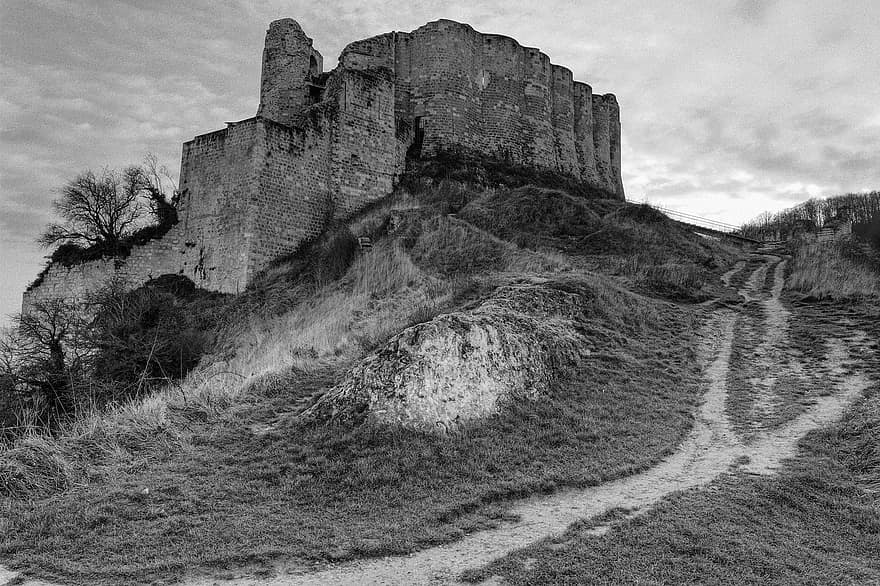 Ruins, Building, Hills, Chateau, landscape, black and white, mountain, cliff, old ruin, architecture, old