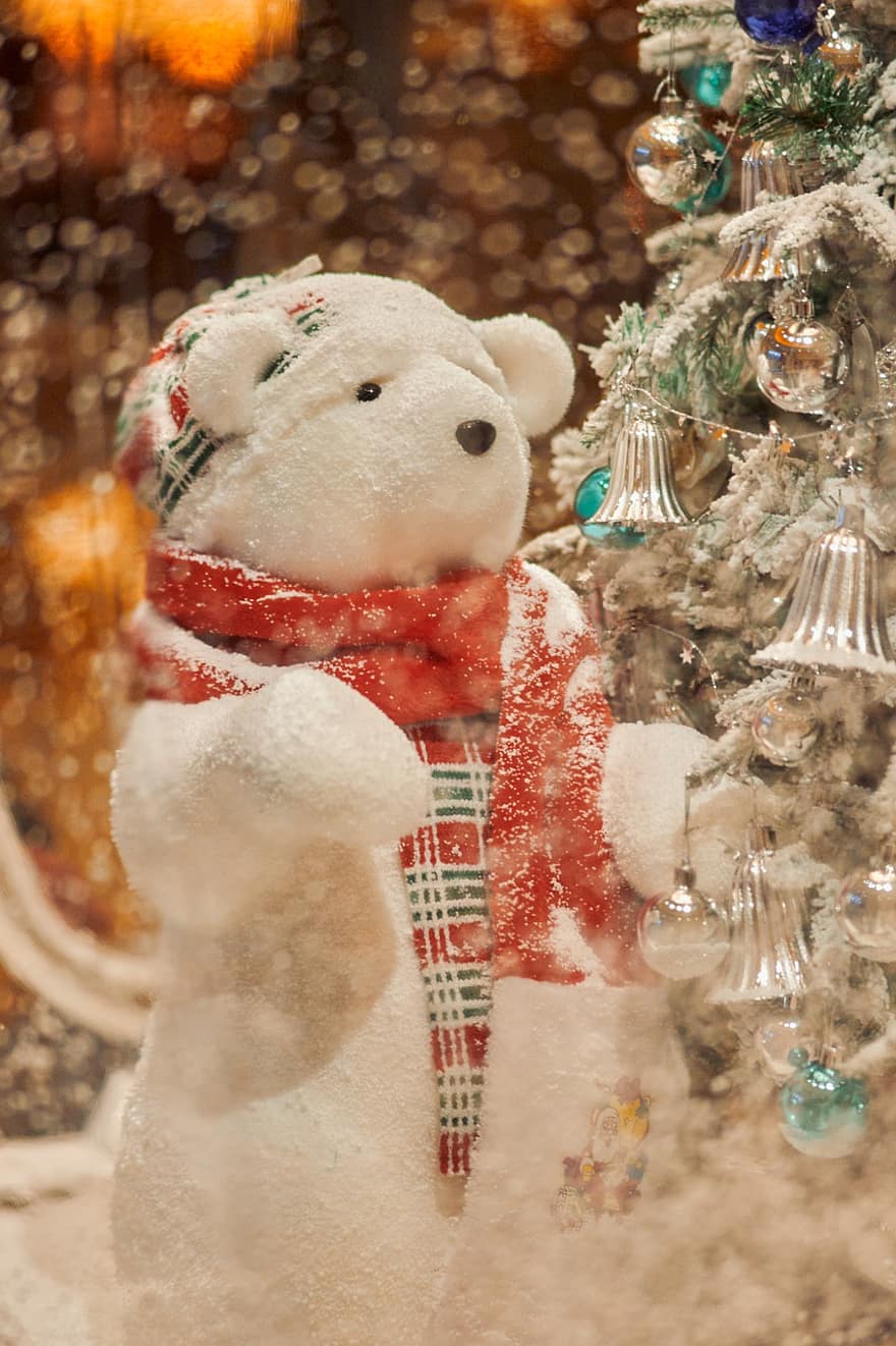 hari Natal, beruang kutub, pohon Natal, salju, musim dingin