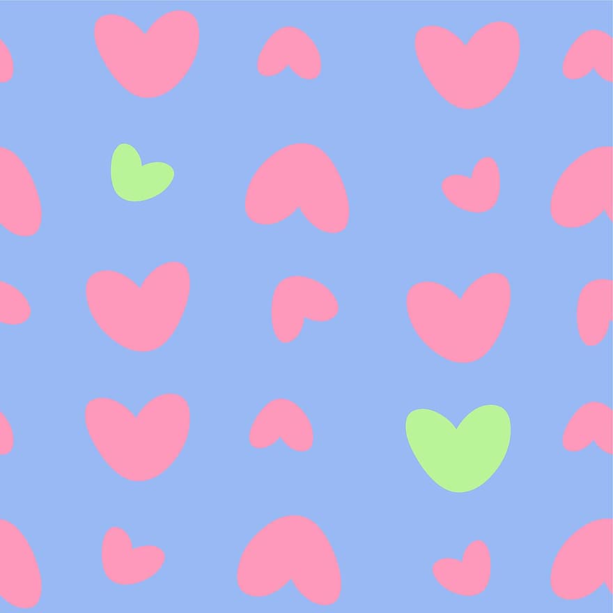 Hearts, Pattern, Background, Seamless, Seamless Pattern, Love, Pink Hearts, Green Hearts, Blue Background, Fabric, Textile