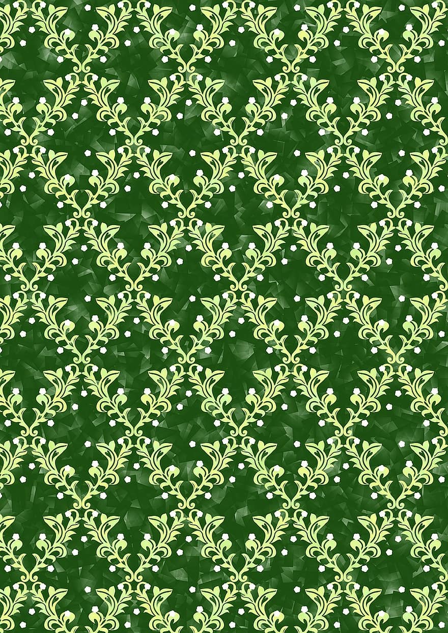 witte bloemen, groen, damast, patroon, Continu patroon, achtergrond