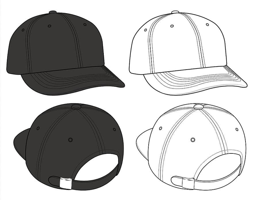 czapka z daszkiem, moda, kapelusz, rysunek, naszkicować, odzież, wektor, czapka baseballowa, sport, projekt, kolekcja