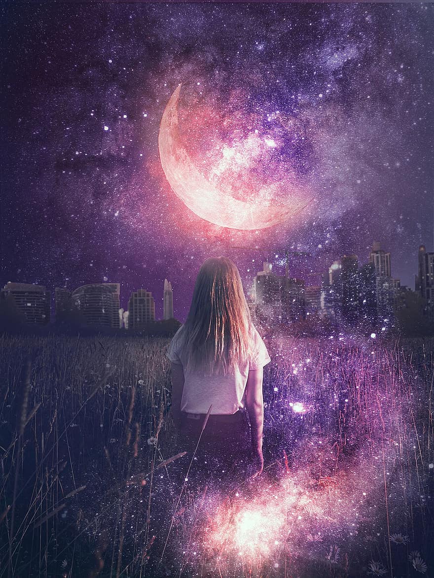момиче, луна, звезди, галактика, нощ, град, пространство, човек, вселена, астрономия, космос