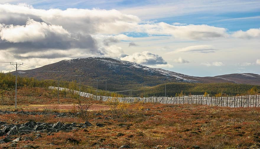 kraštovaizdį, Laplandija, Suomija, ruduo, ruska, sniego tvoros, kalnas, kaimo scenoje, debesis, dangus, kuro ir energijos gamyba