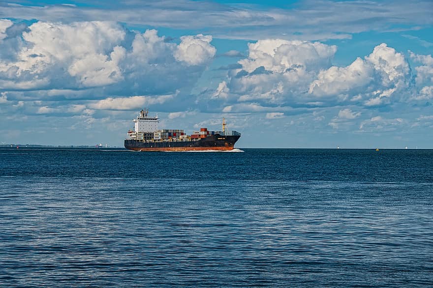 Ship, Transport, Sea, Water, Horizon, Sky, Clouds, Freighter, Logistics, Container, Export