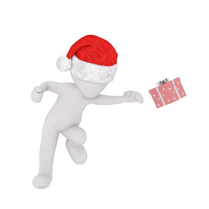 Різдво, білий самець, повне тіло, капелюх Санта, 3D модель, малюнок, ізольовані, подарунок, подарункова коробка, подарункові коробки, кохання