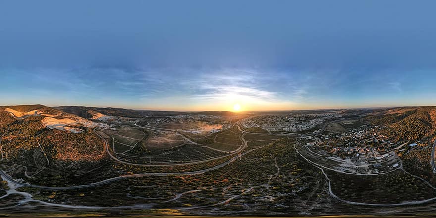Felder, Land, Panorama, Horizont, Fernsicht, Landschaft, Ackerland, Natur, Sonnenuntergang, Dämmerung, Drohnenfotografie