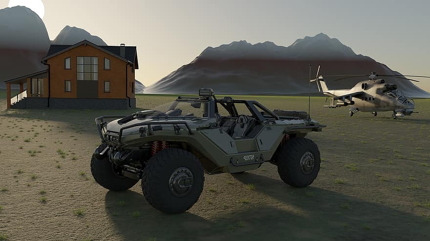 mi-24, helikopter, bjerge, natur, hus, jeep, maskine, bil, almindeligt, foden, solnedgang