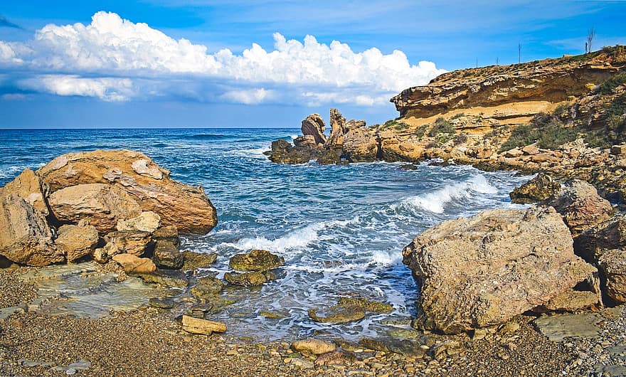 Strand, hav, kyst, vik, natur, Kapparis, kystlinje, stein, klippe, vann, blå