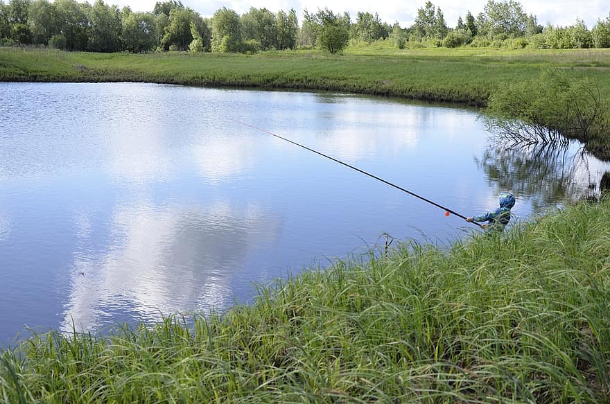 Lake, Fishing, Meadow, Nature, water, summer, sport, grass, pond, freshwater fishing, hobbies
