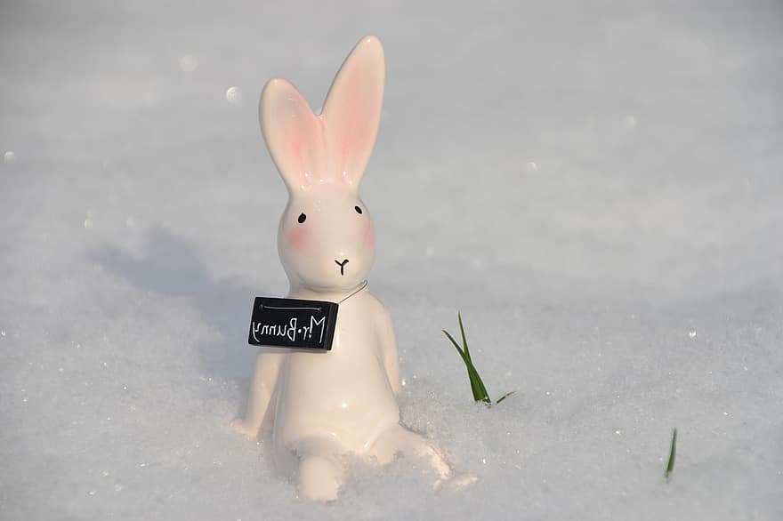 kanin, figur, snö, is, vinter-, gräs, påsk, hare, påskhare, statyett, dekoration