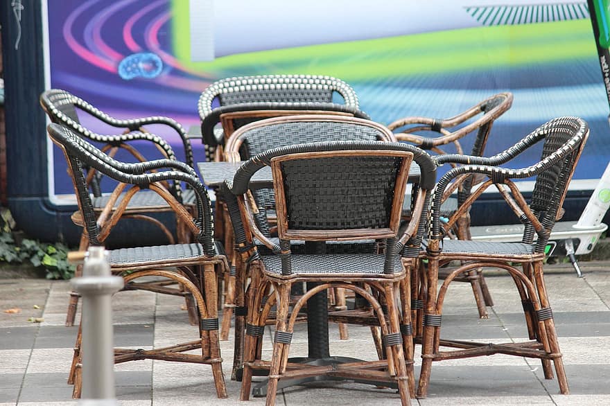 fresco, kávézó, székek, utca, utcai kávézó, asztal