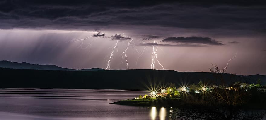 Lake, Thunderstorm, Lightning, Water, Water Reflection, Silhouette, Night, Evening, Flashes, Storm, Thunder