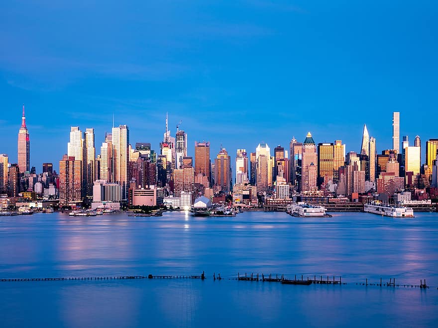 la rivière Hudson, le coucher du soleil, Manhattan, ville, New York, l'horizon, États Unis, Etats-Unis, paysage urbain, grattes ciels, gratte ciel