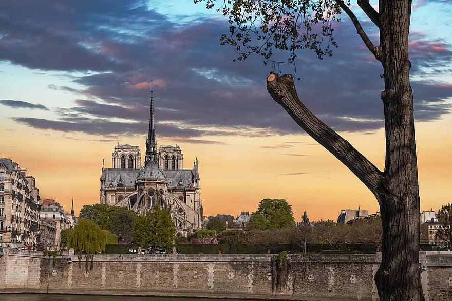 katedral, Paris, vores dame, efterår, skyer, aften, himmel, solnedgang, berømte sted, arkitektur, bybilledet