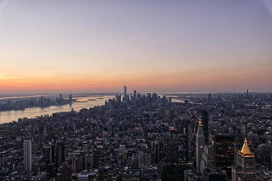 pilvenpiirtäjät, rakennukset, New York, NYC, Manhattan, arkkitehtuuri, kaupunki, auringonlasku, luonto, horisontti, matkustaa