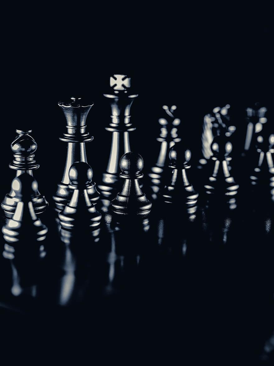 stratēģiju, šahs, spēle, šaha gabali, galda spēle, konkurenci, spēlēt, cīņa, tumšs, tuvplāns, informāciju