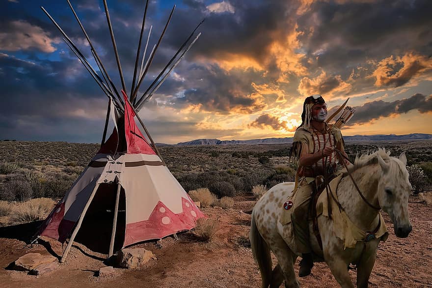коренной американец, индийский, человек, воин, племенной, местный, вестерн, племя, традиционный, лошадь, мужчина