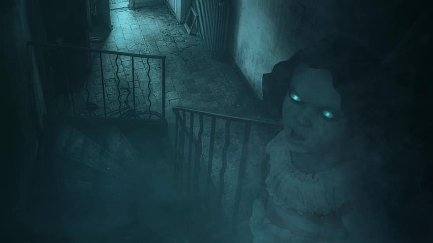 Horror, fantasma, casa assombrada, escadas, menina, pesadelo, assustador, abandonado, assombrada