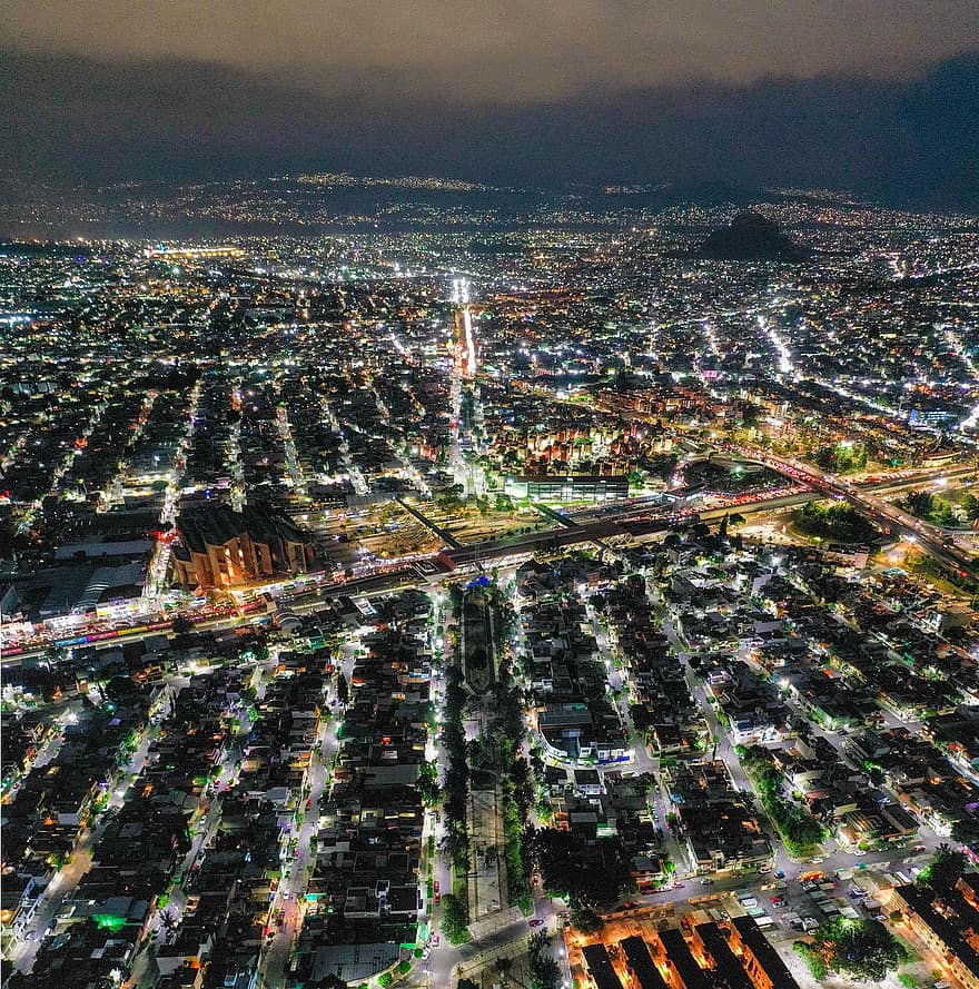 Mexico City, by, nat, lys, bybilledet, bygninger, by-, cdmx, Mexico, belyst, luftfoto