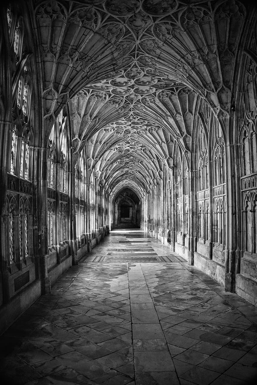 korridor, katedral, arkitektur, valv, gotiska, perspektiv, utsmyckad, dekoration, svartvit
