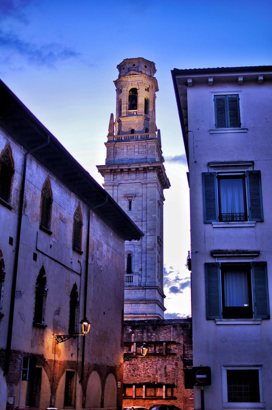 verona, věž, katedrála, večer, Itálie