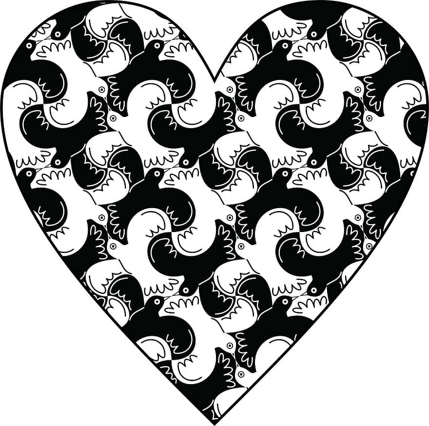Heart, Doves, Pigeons, Black, White, Love, Background