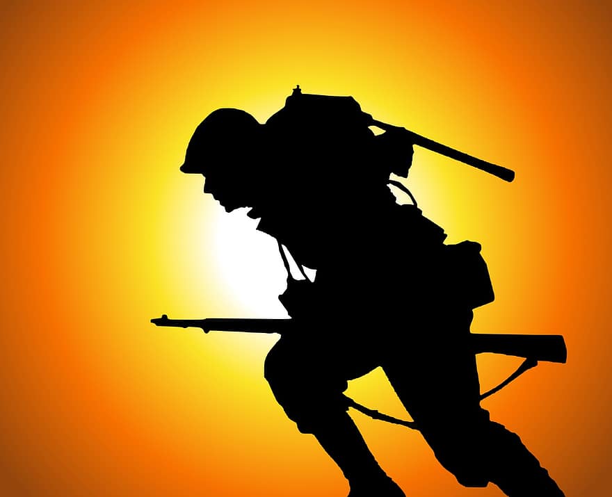 żołnierz, armia, pistolet, słońce, zachód słońca, ładowanie, bitwa