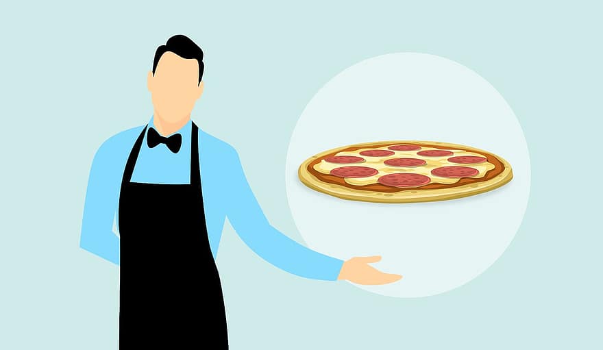 피자, 페퍼로니, 식품, 치즈, 공식 만찬, 이탈리아 사람, 집사, 웨이터, 앞치마, 취사, 몸짓