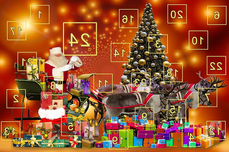 Advento kalendorius, atėjimas, dovanos, staigmena, Nikolajus, durys, Kalėdos, emocijos, Kalėdų Senelis, pakuotės, Kalėdų laikas